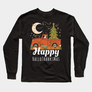 Happy HalloThanksMas Santa in Red Christmas Truck Bats Moon Long Sleeve T-Shirt